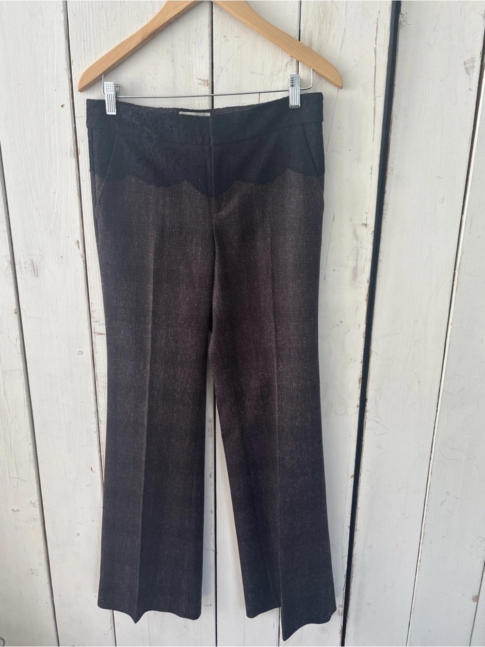 Elevenses 6 Anthropologie Brighton Pants Brown Tweed Trousers Wide Leg Lace
